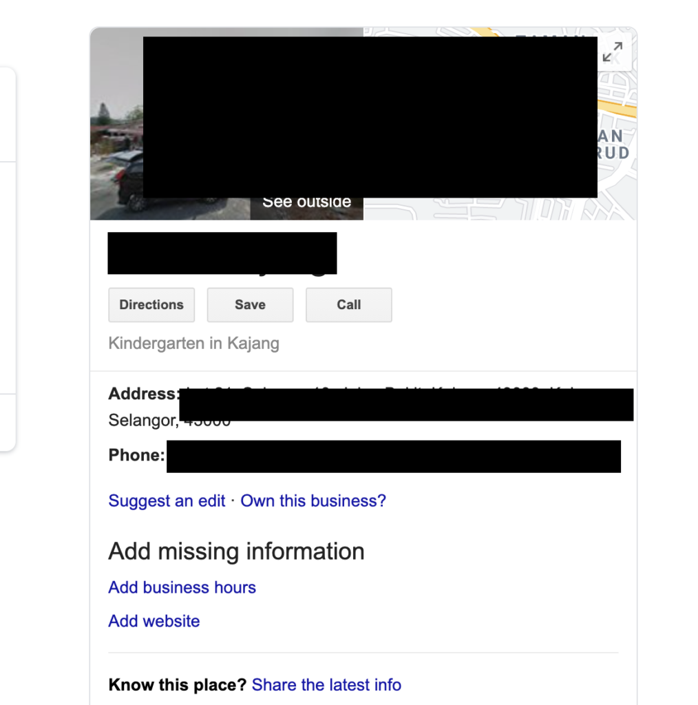 contoh maklumat google place tidak lengkap